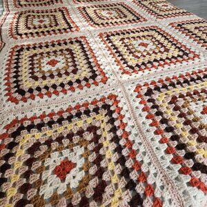 Vintage Granny Square Blanket Gorgeous Boho Throw Afghan Large Neutral